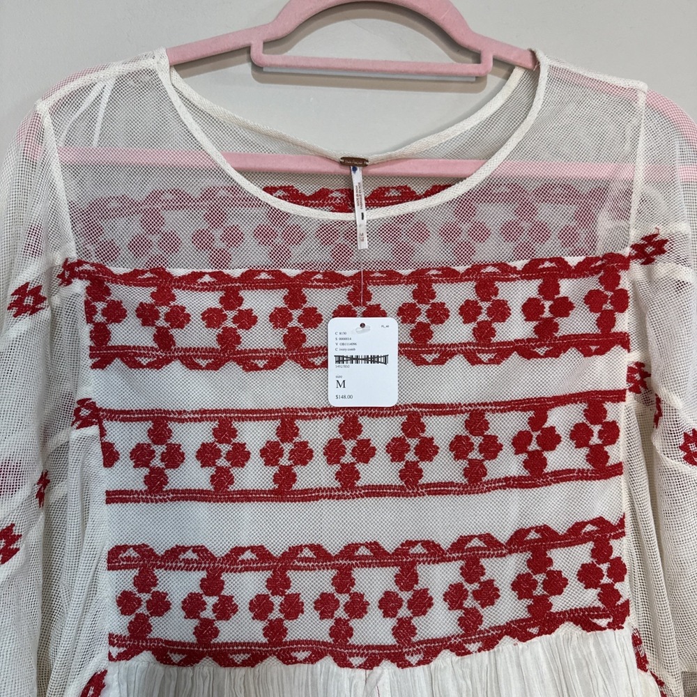 NWT Free People Women Need Me Mini Flowy Dress Ivory Long Sleeve Red Embroidery - Picture 9 of 16